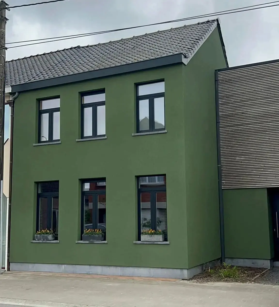 Groene spuitkurk op vlakke gevel